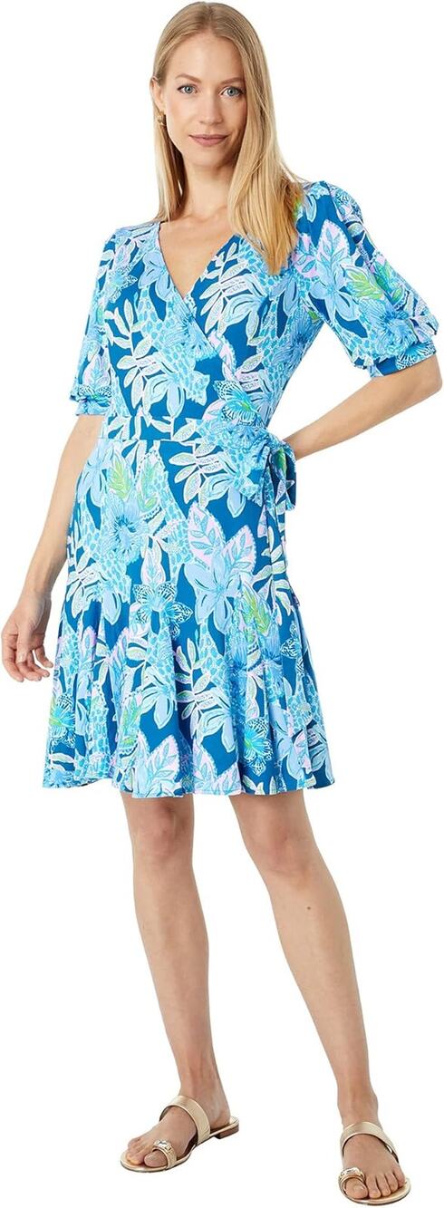 New Lilly Pulitzer Kessler Wrap Tie Dress Blue V-Neck Floral Puff Sleeves  Sz L